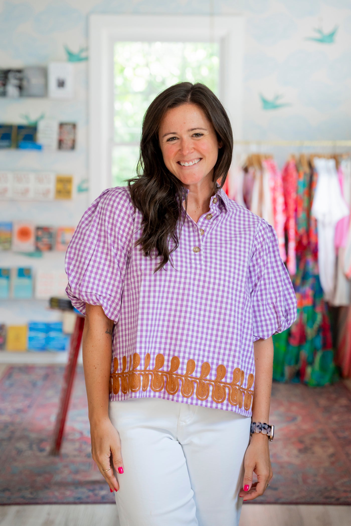 Lavender Check Popover Blouse
