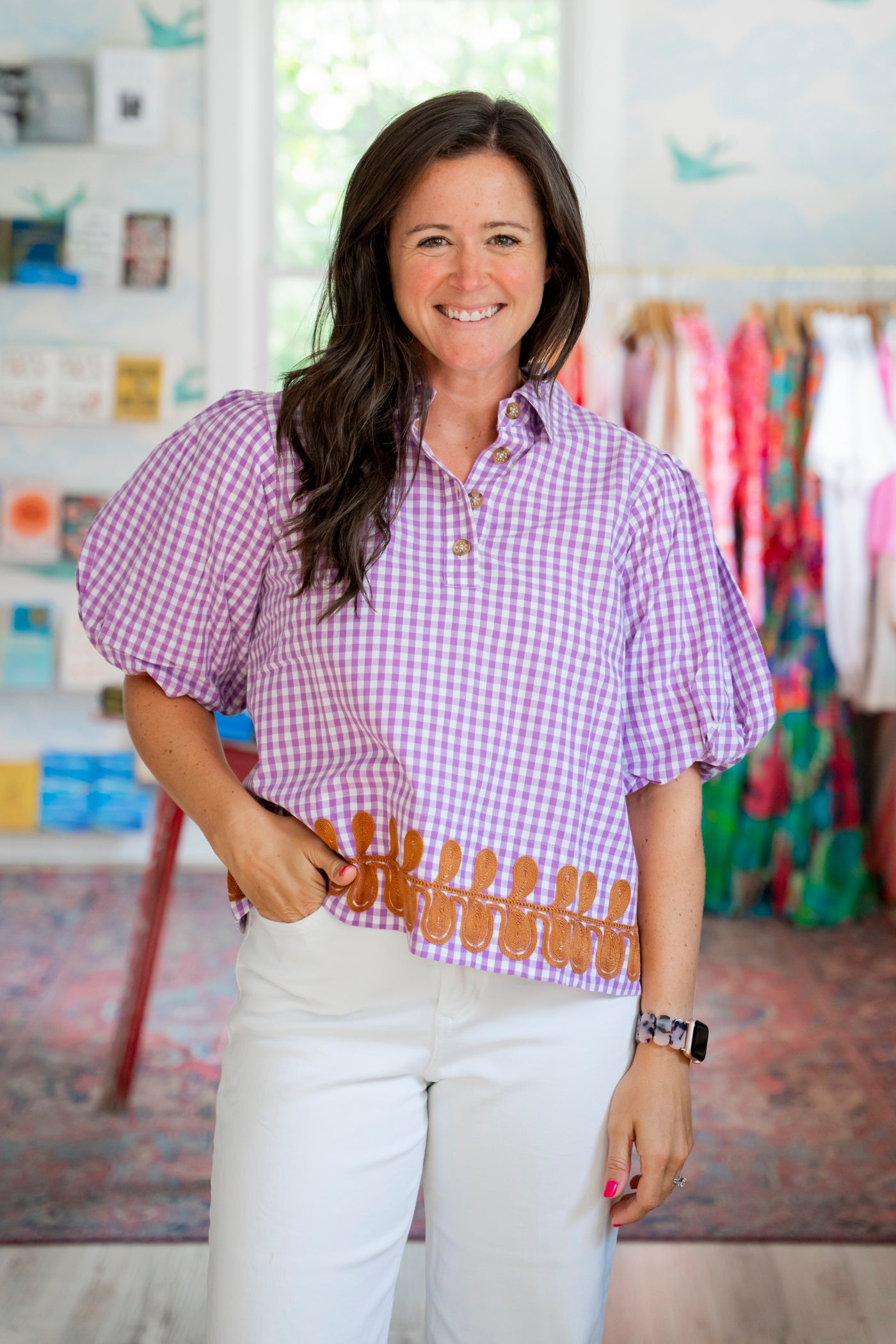 Lavender Check Popover Blouse