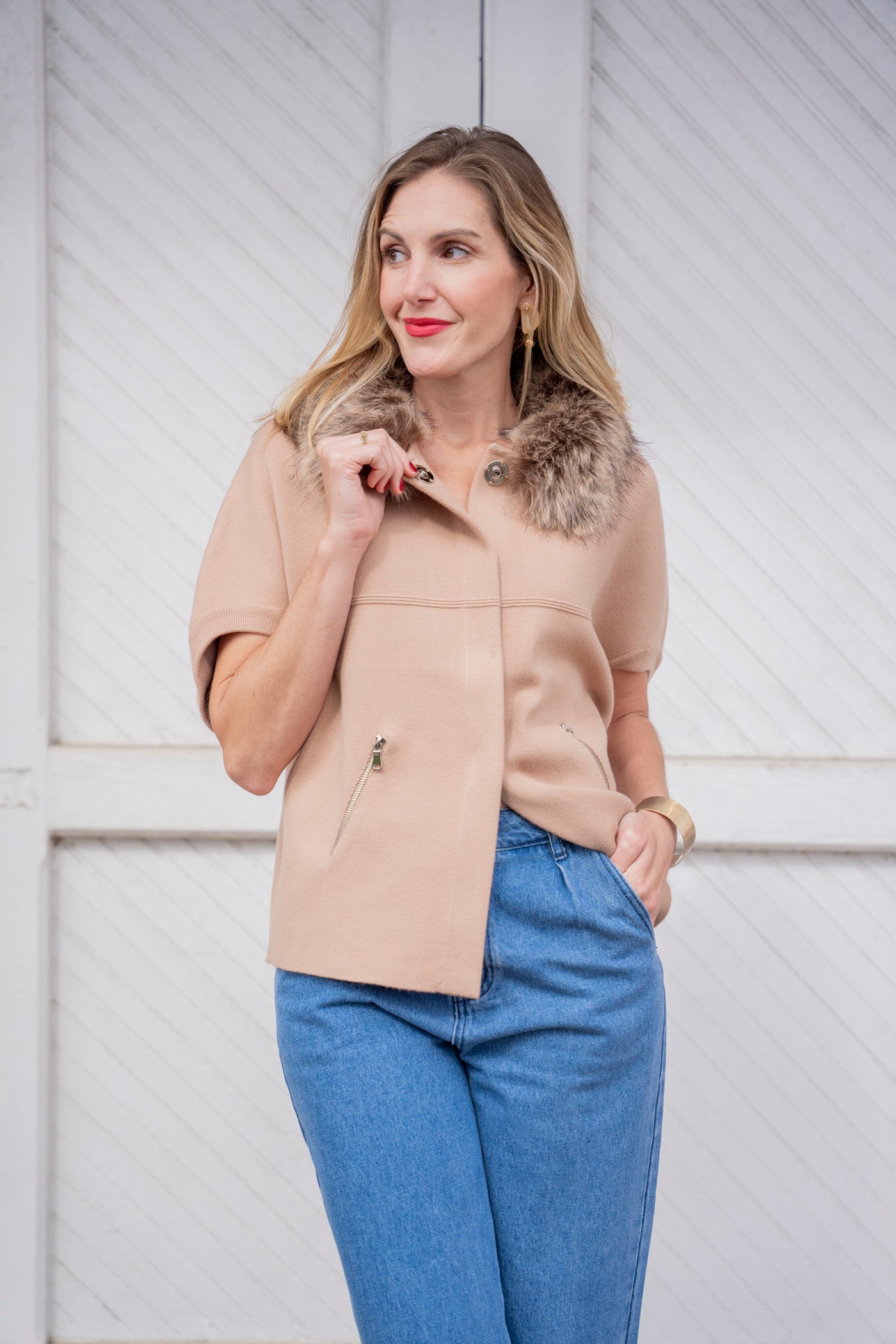 Fur Trim Camel Cardigan