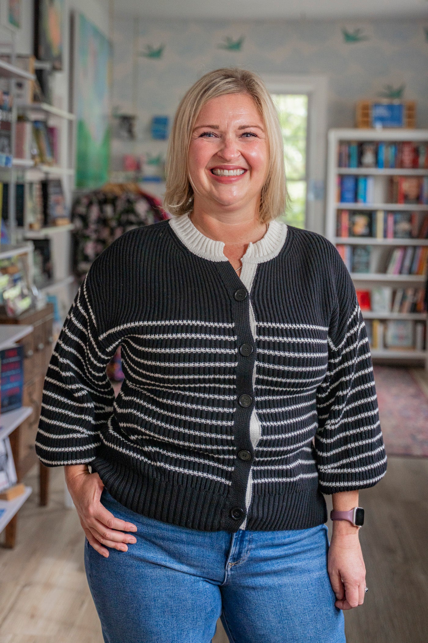 Balloon Sleeve Striped Cardigan