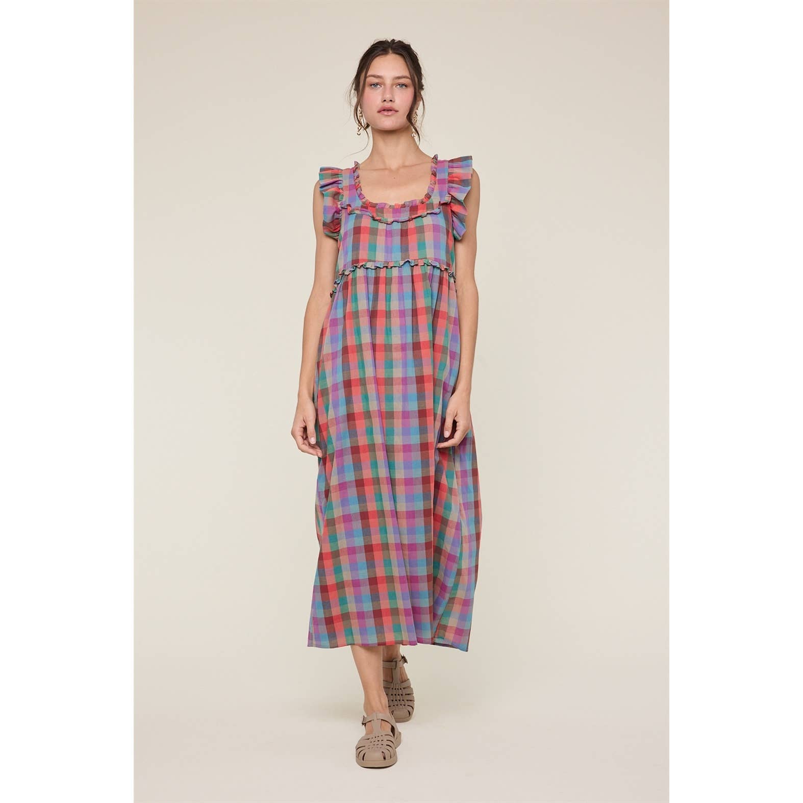 Madras Ruffle Midi Dress