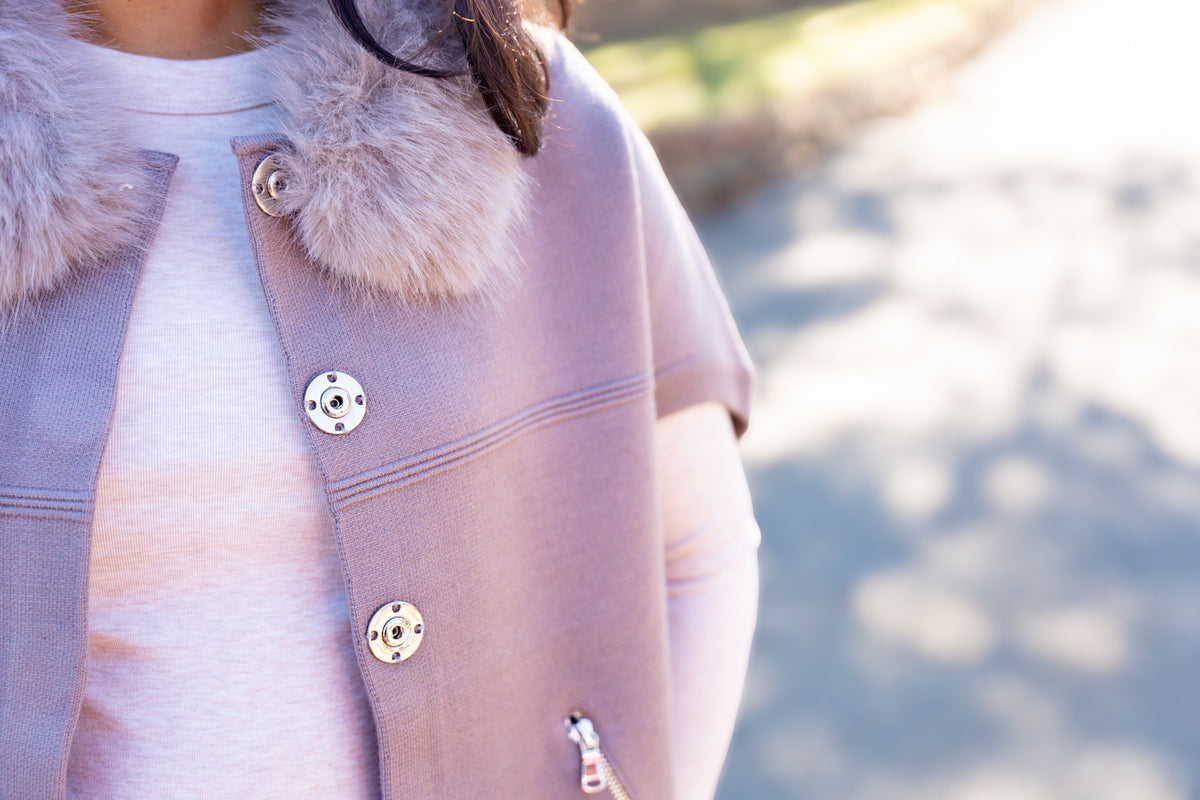 The Fur Trim Cocoon Jacket in Stone