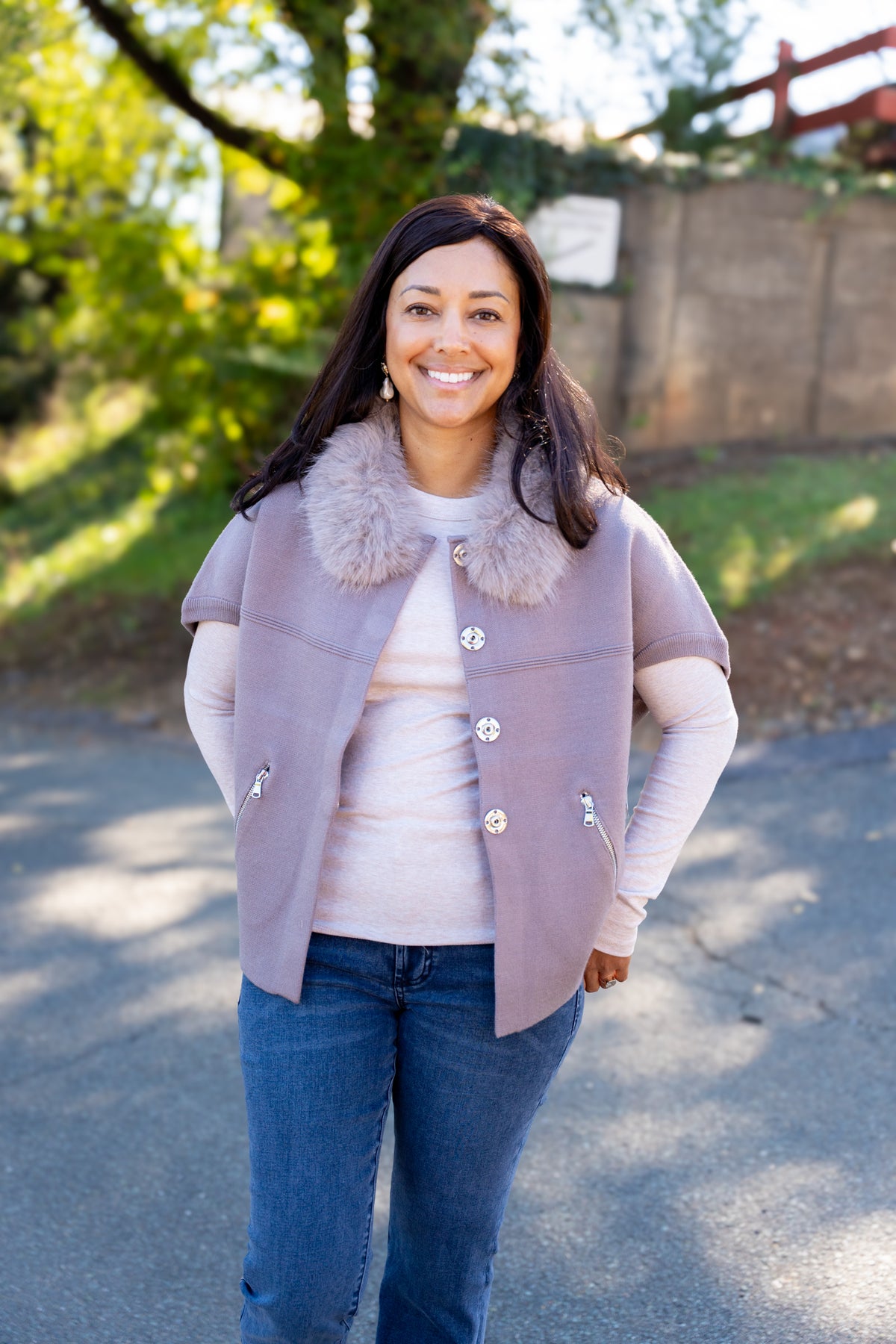 The Fur Trim Cocoon Jacket in Stone