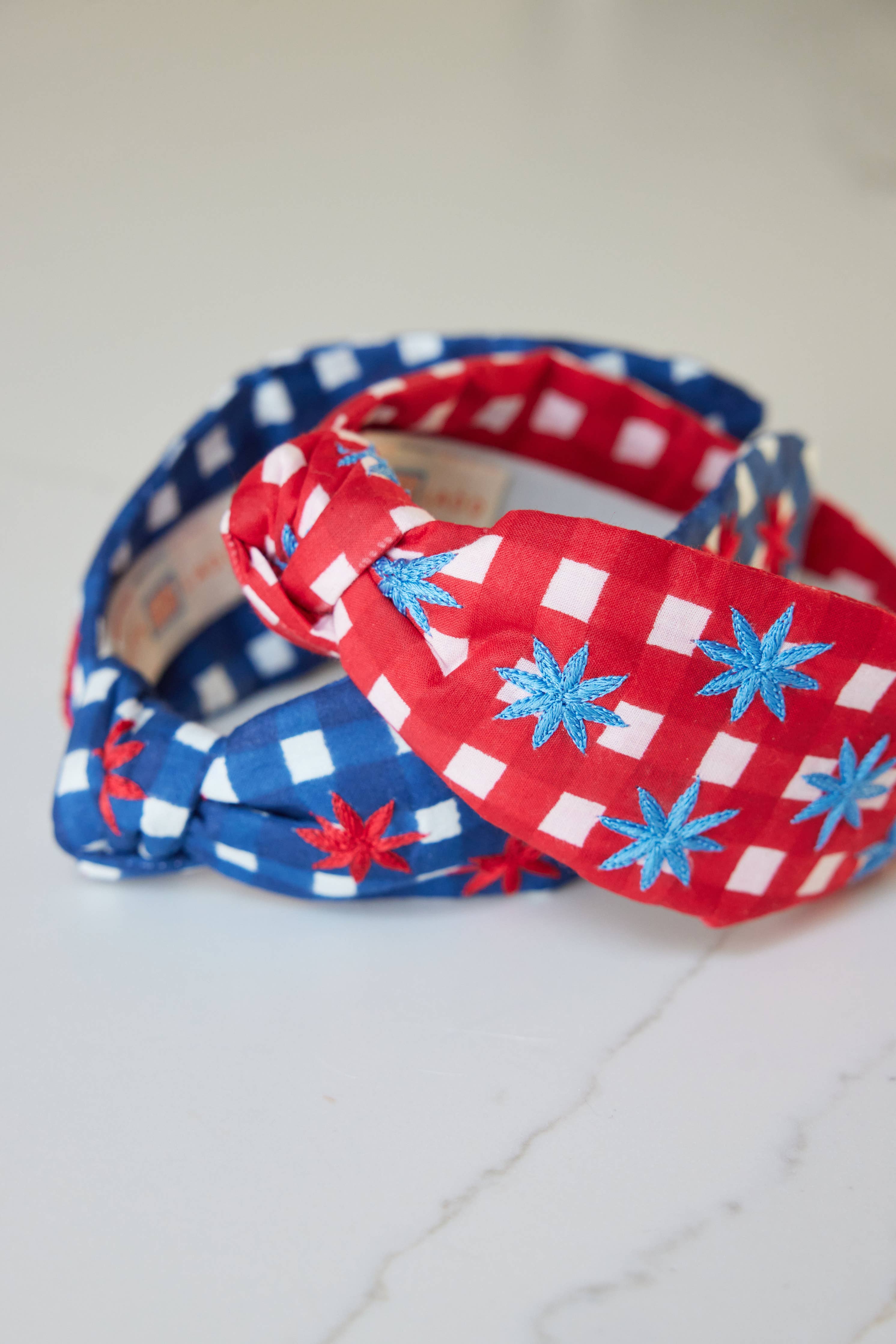 Red Gingham Headband with Blue Stars