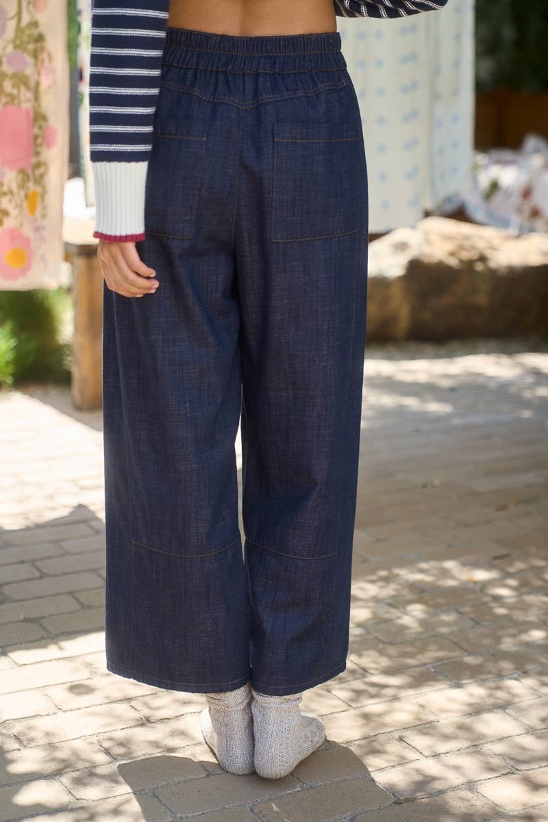 Smocked Waist Wide Leg Denim Pants in Navy