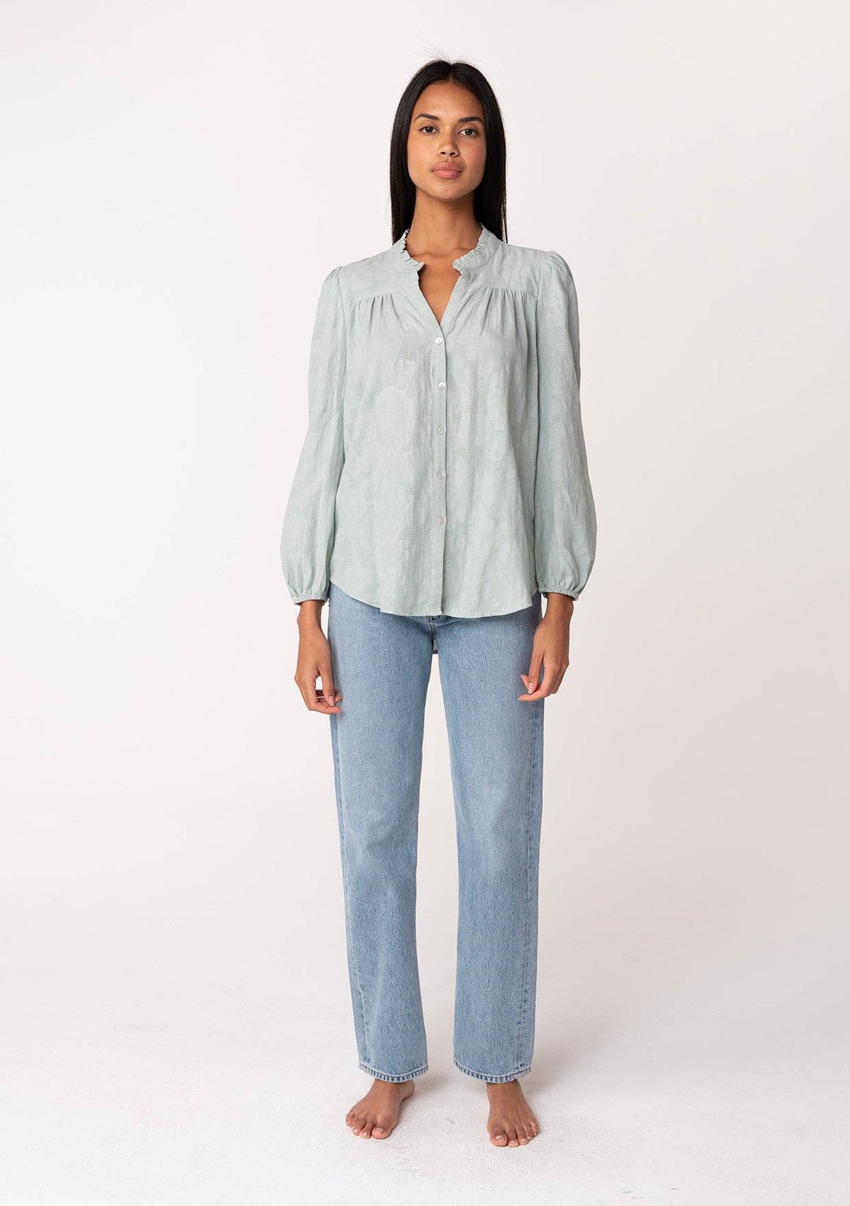 Sage Ruffle Neck Button Down Blouse