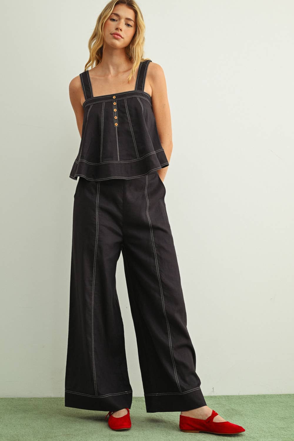 Stitch Detailed Wide Leg Linen Pants