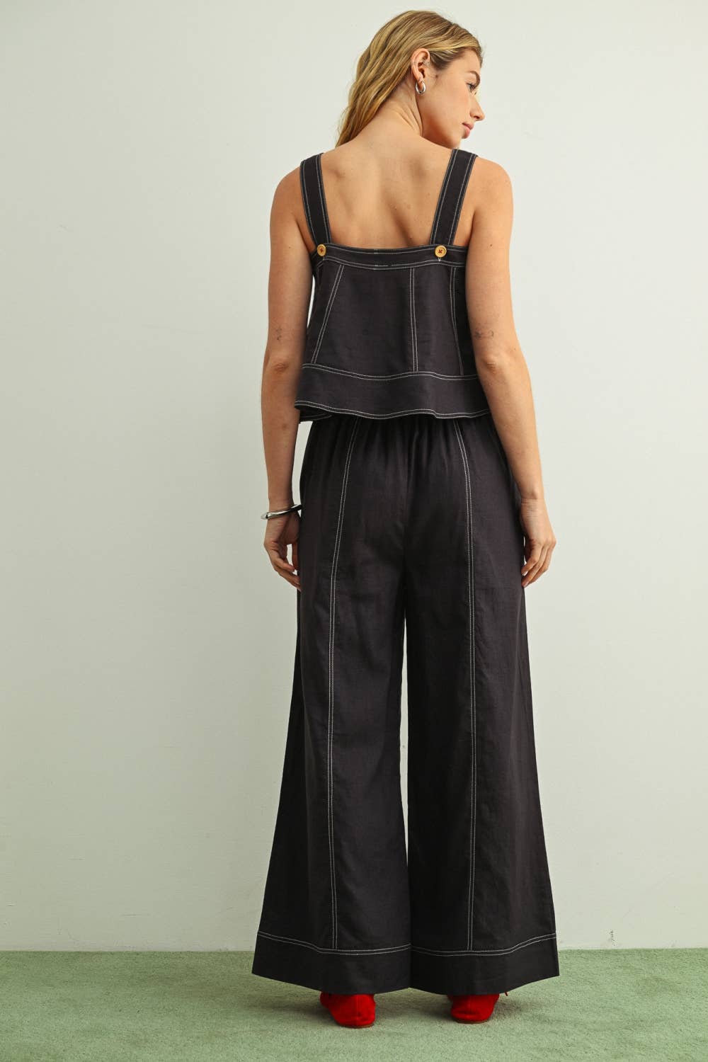 Stitch Detailed Wide Leg Linen Pants