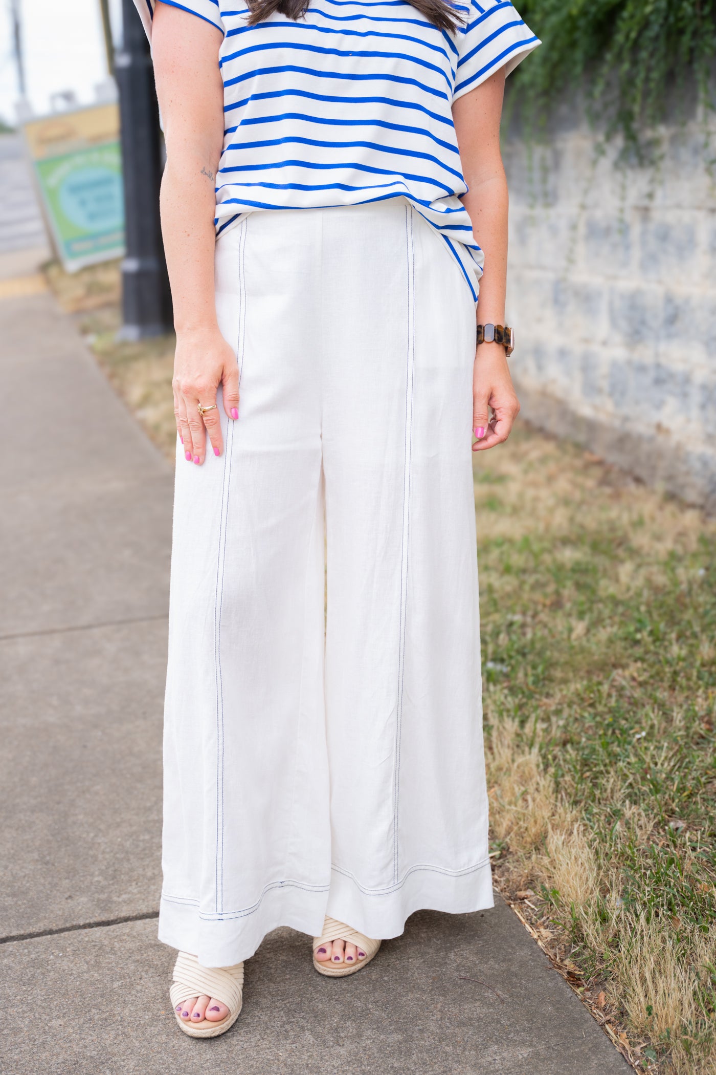 Stitch Detailed Wide Leg Linen Pants