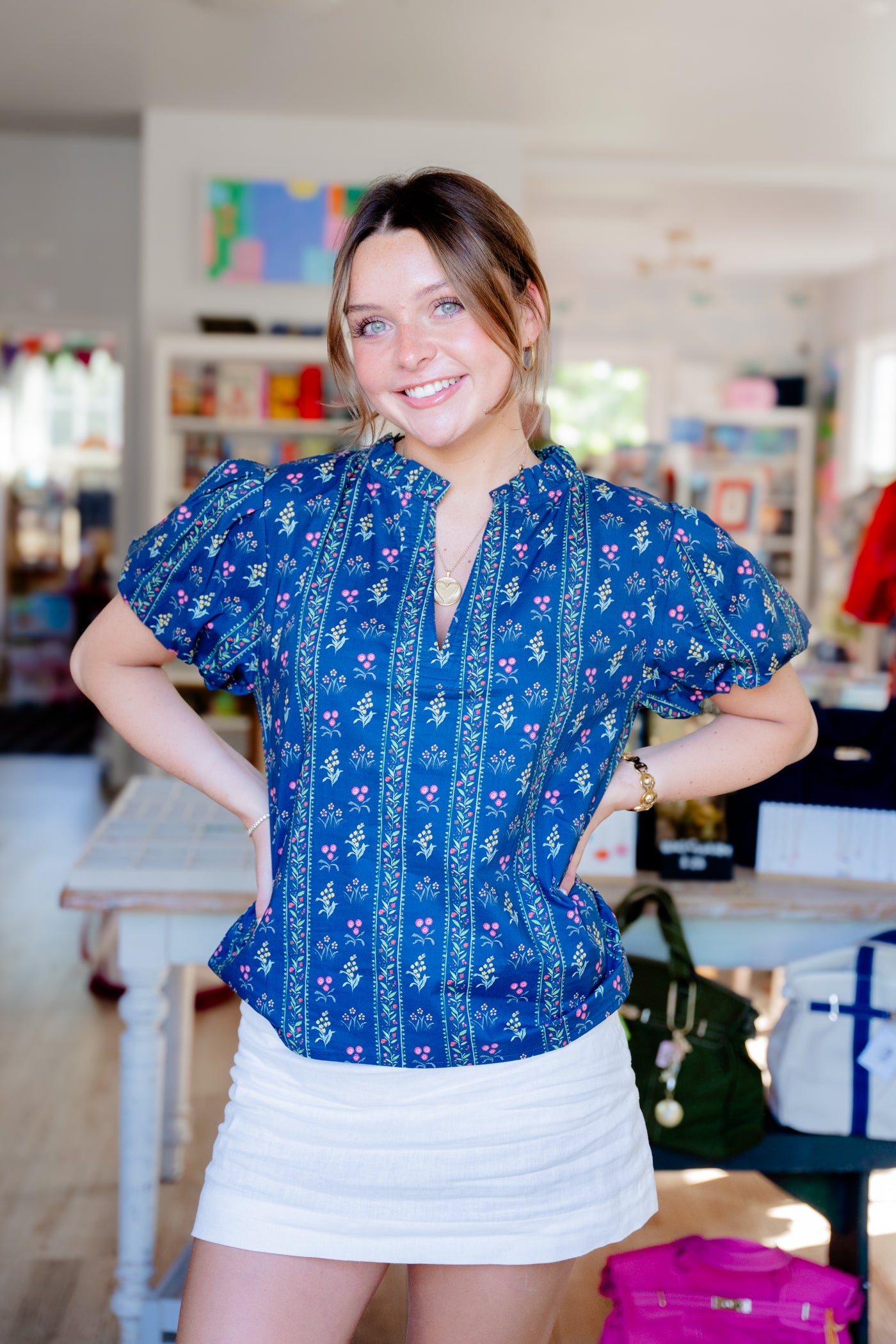 Samantha Navy Puff Sleeve Top