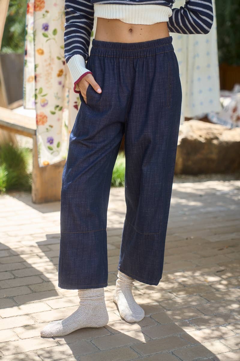 Smocked Waist Wide Leg Denim Pants in Navy