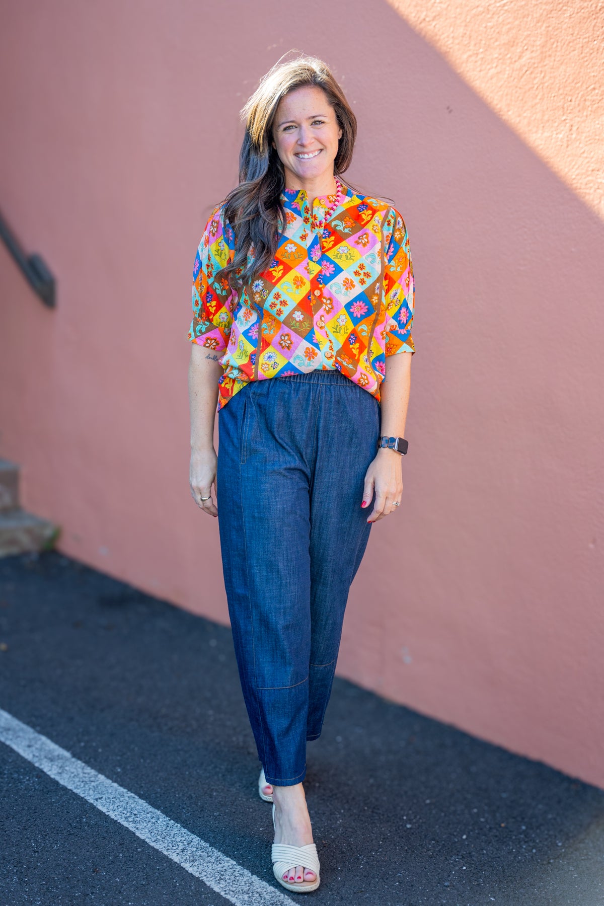 Smocked Waist Wide Leg Denim Pants in Navy