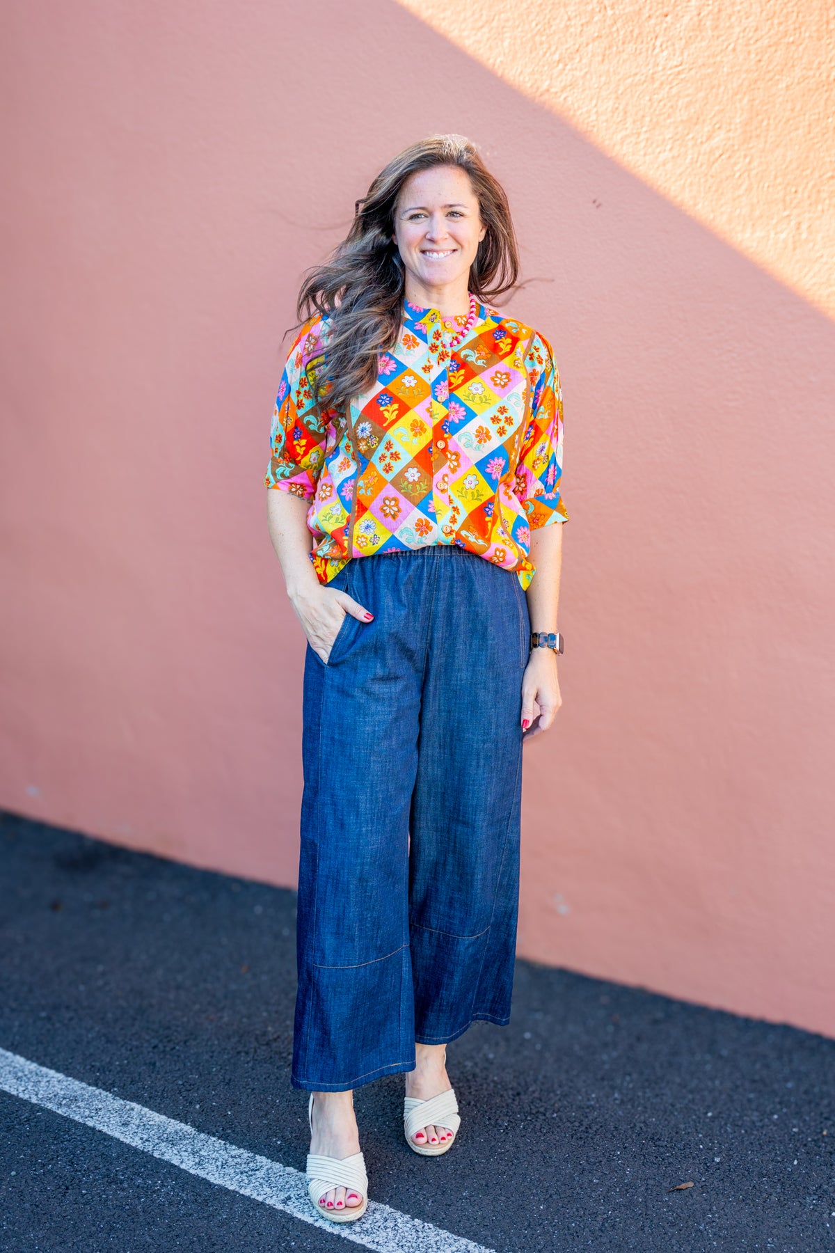 Smocked Waist Wide Leg Denim Pants in Navy