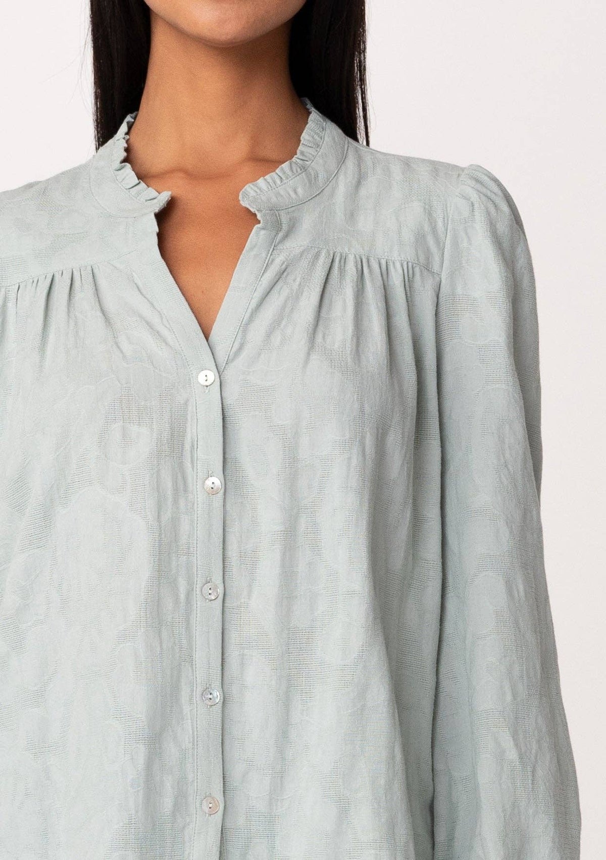 Sage Ruffle Neck Button Down Blouse