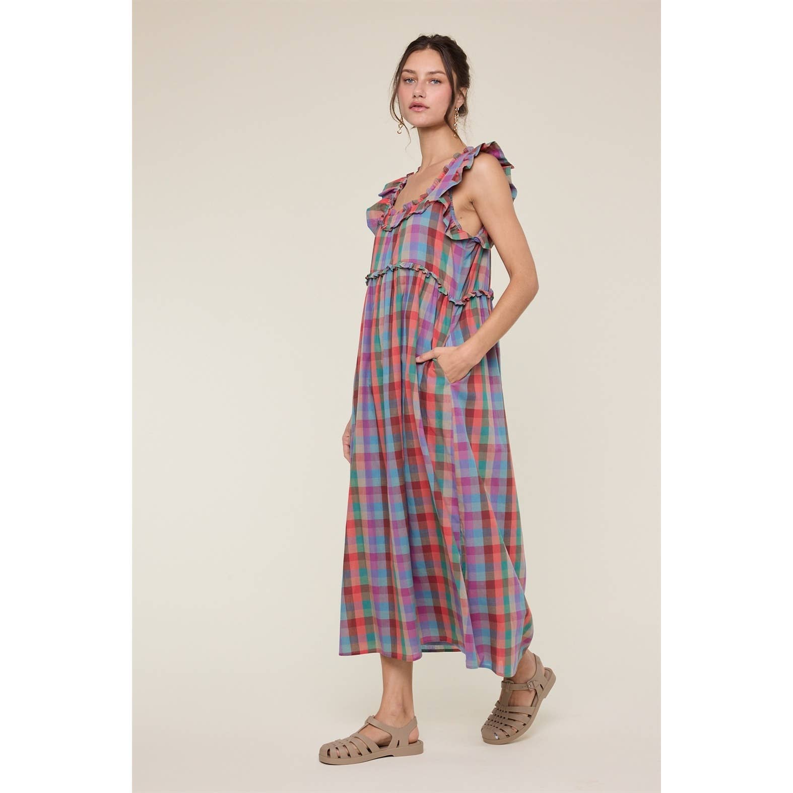 Madras Ruffle Midi Dress