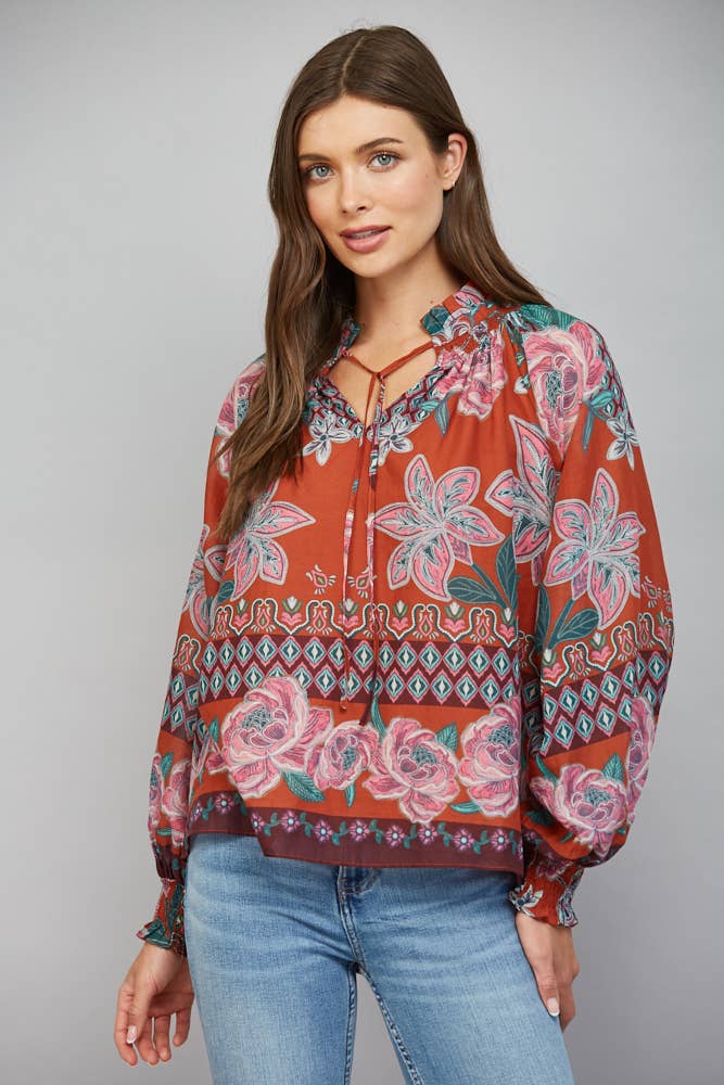 Rust Floral Tie Neck Blouse