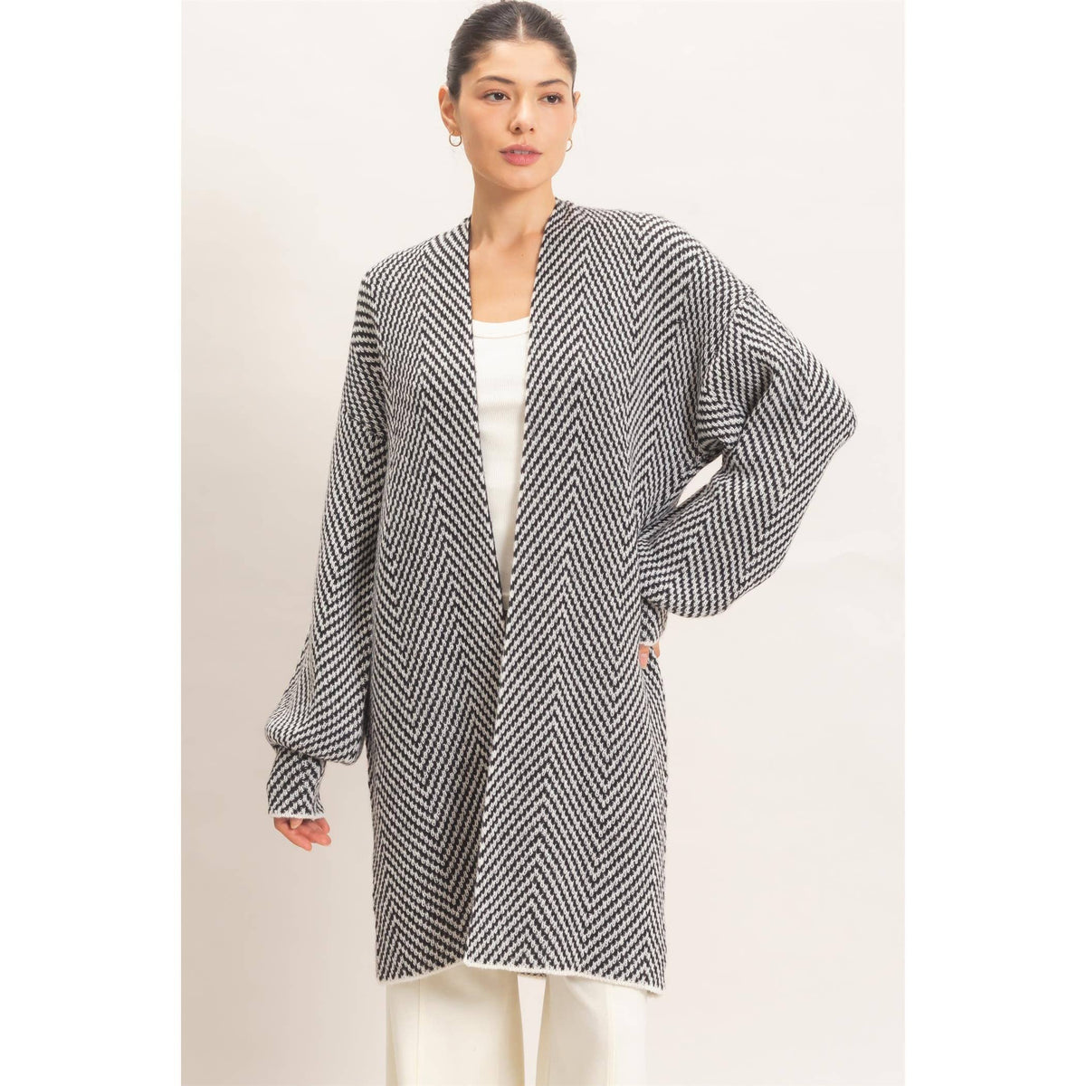Black Herringbone Open-Front Cardigan