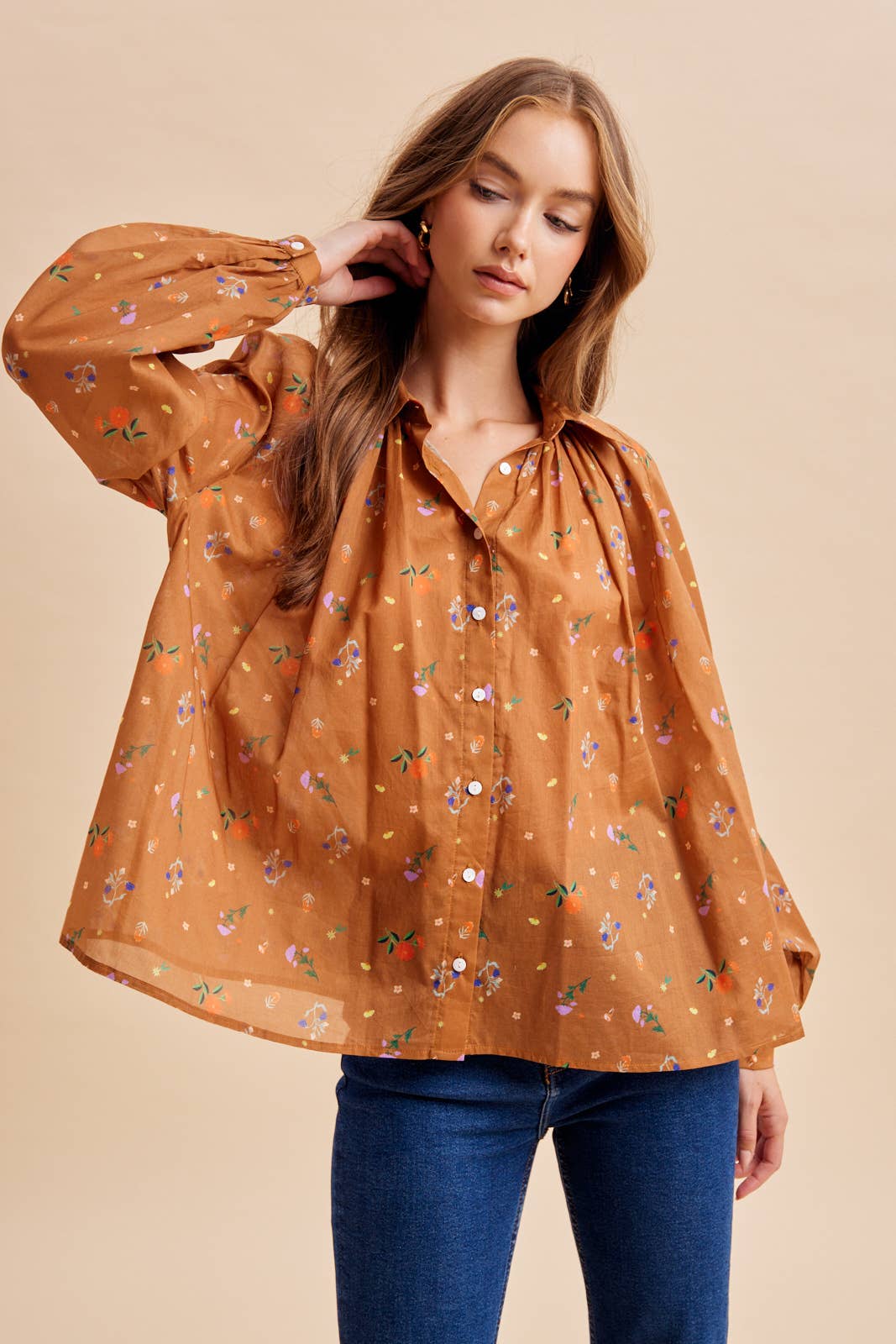 Floral Sepia Button Down Blouse