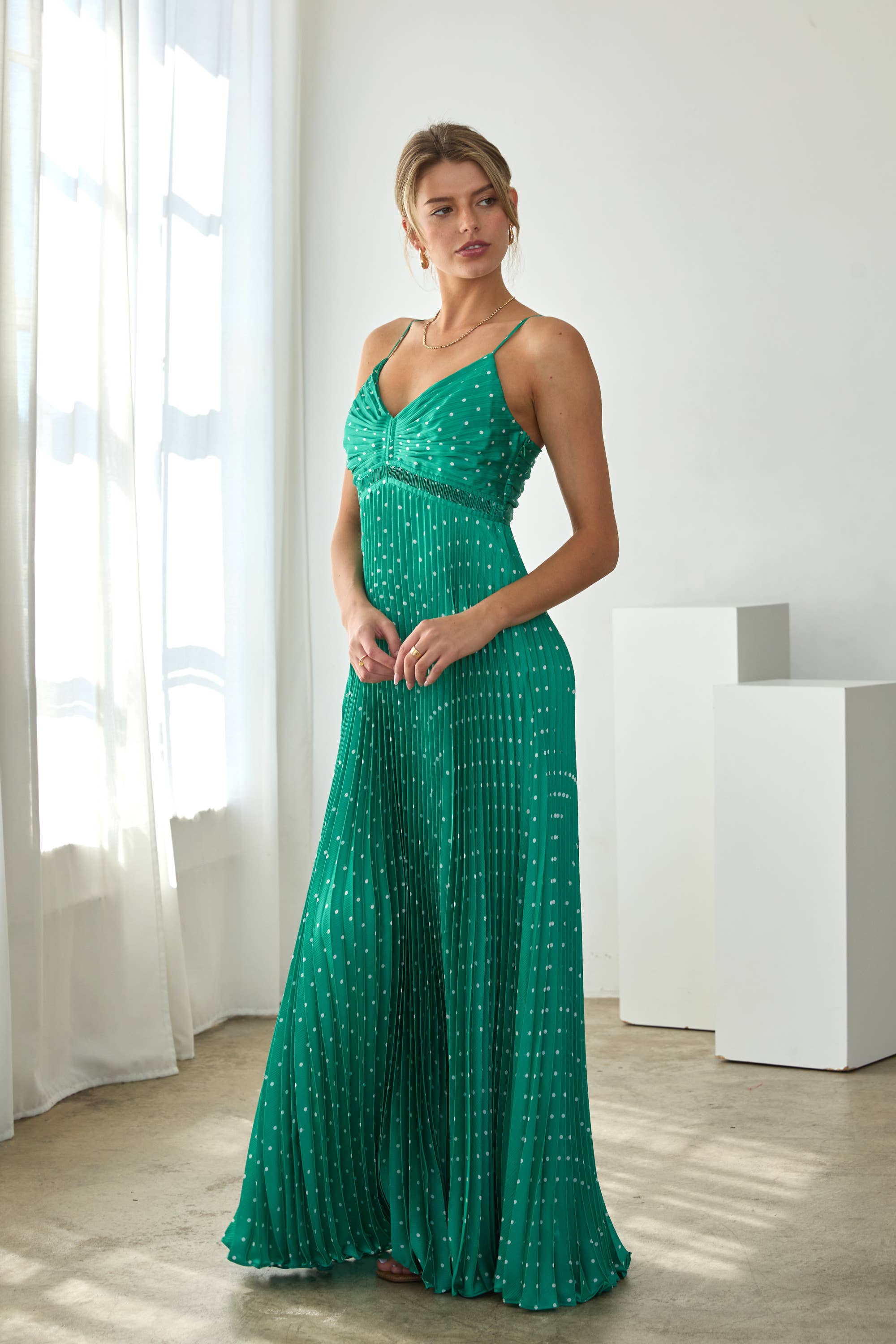 Polka Dot Pleated Maxi Dress