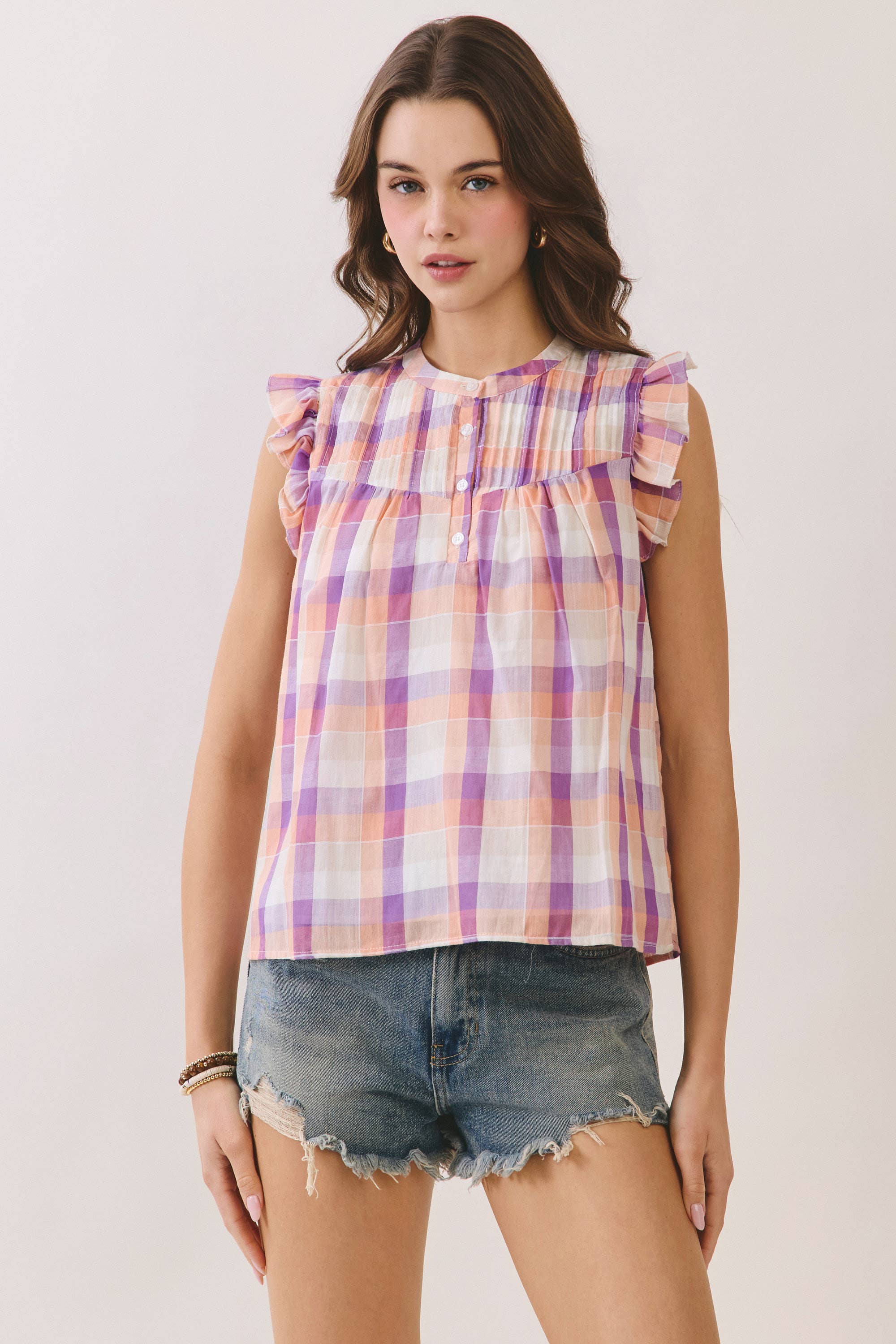 Peach Plaid Flutter Sleeve Top