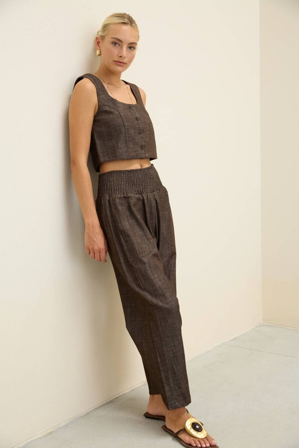 Smocked Waist Straight Leg Pants in Brown