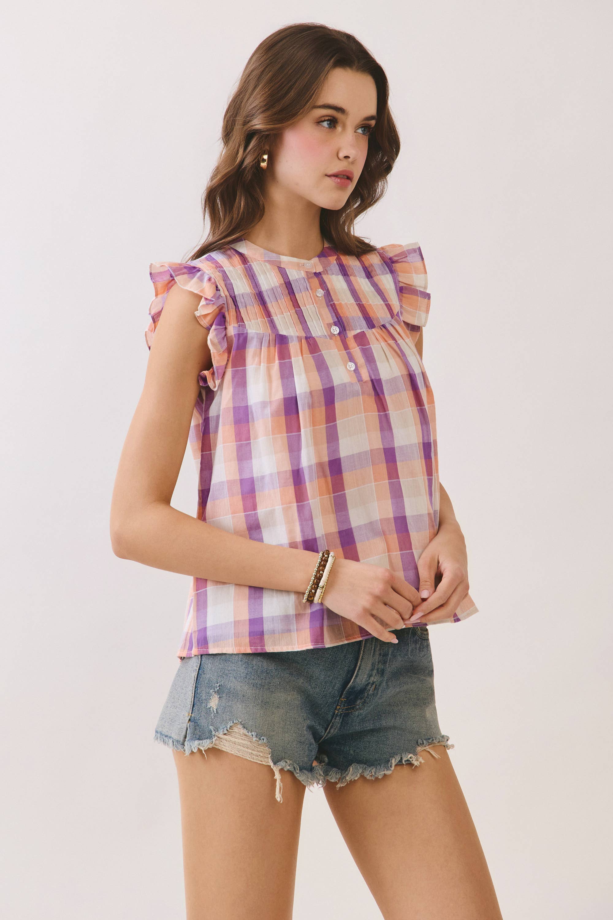 Peach Plaid Flutter Sleeve Top
