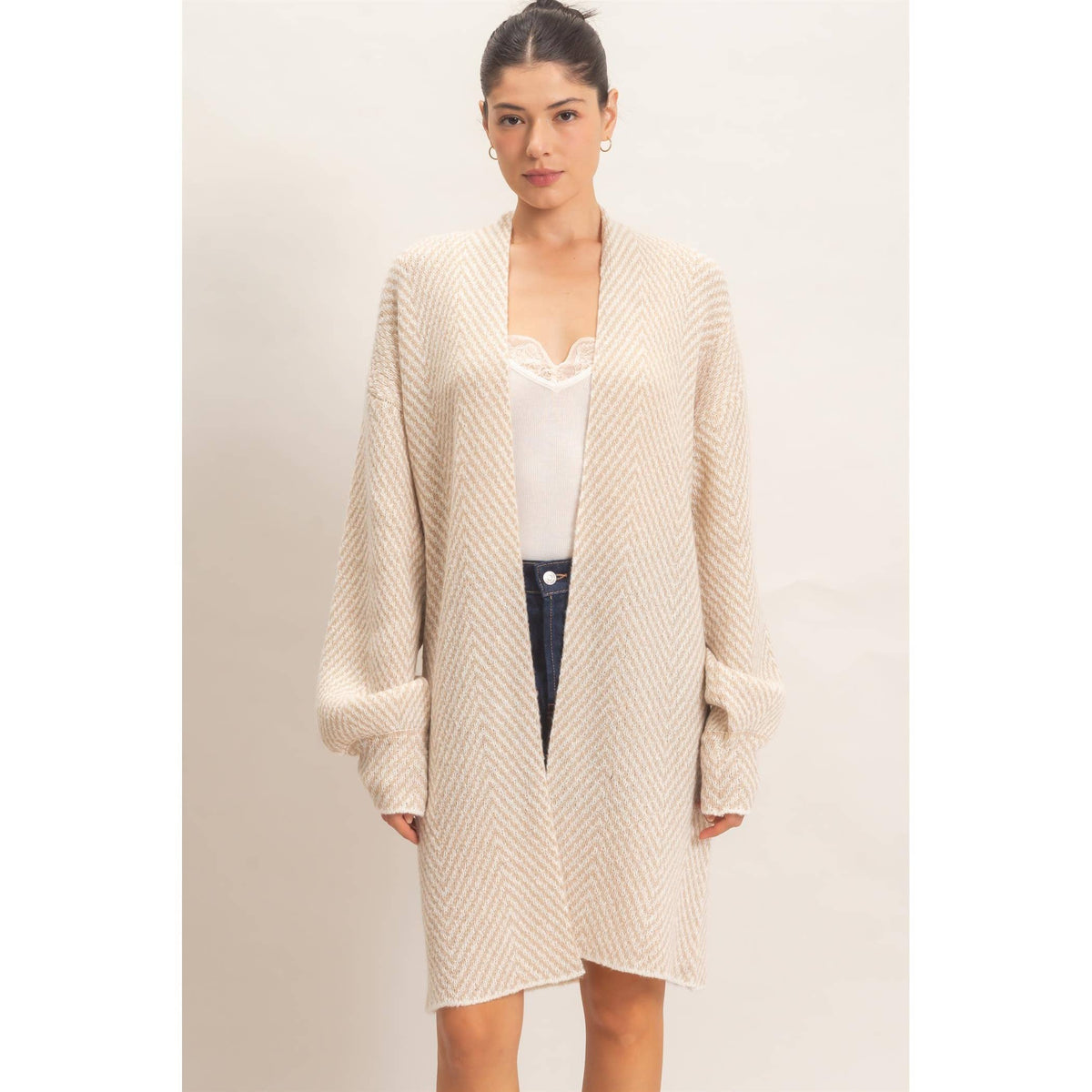 Taupe Herringbone Open-Front Cardigan