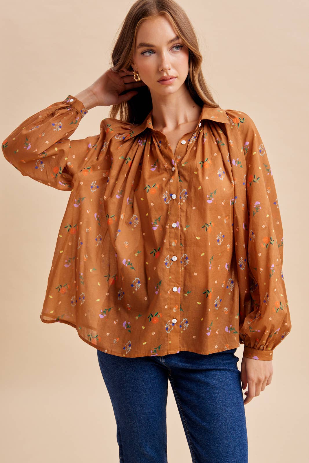 Floral Sepia Button Down Blouse
