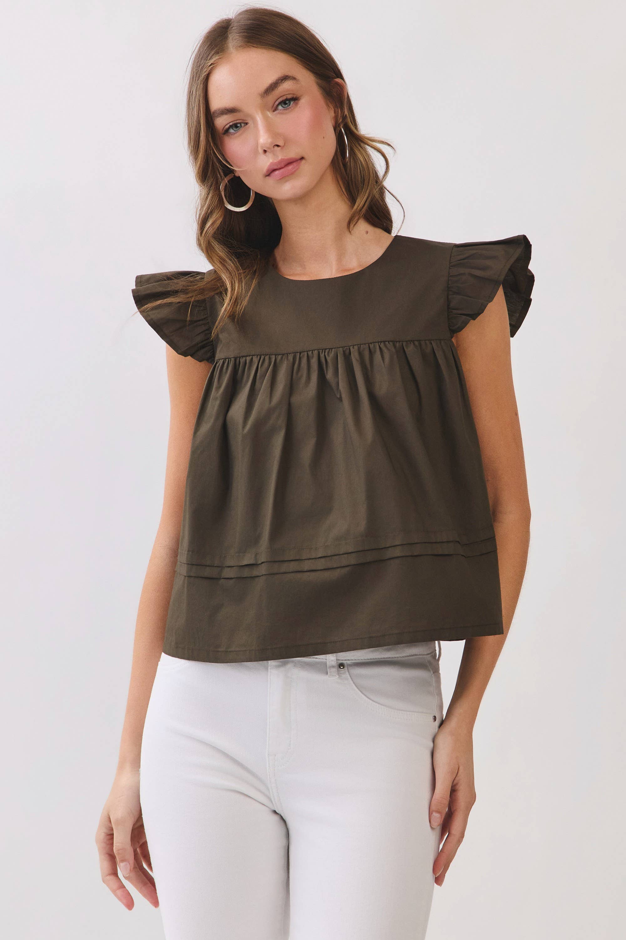 Olive Ruffle Sleeve Top