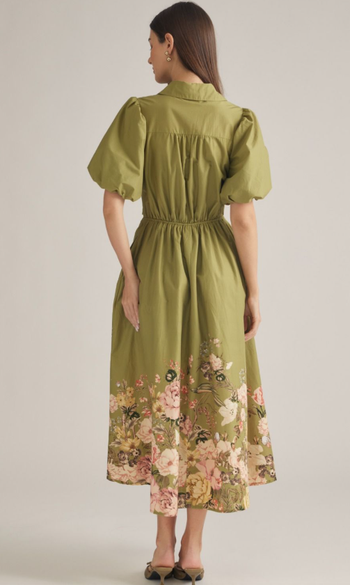 Olive Puff Sleeve Shirt Dress