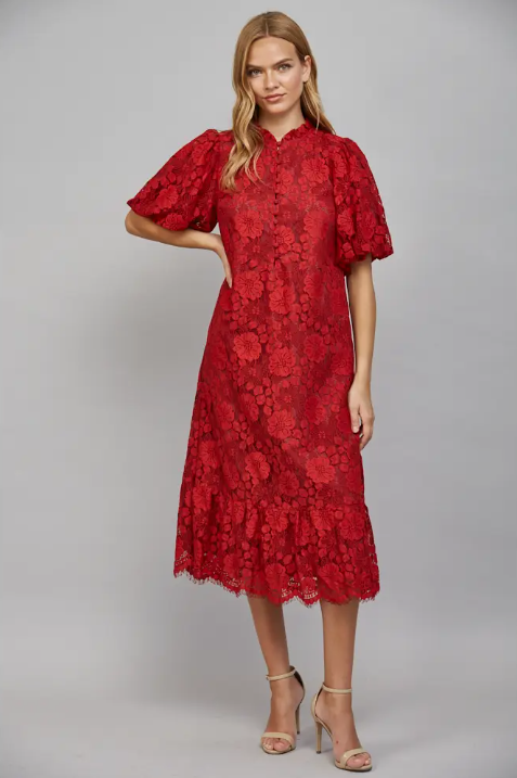 Red Lace Midi Dress
